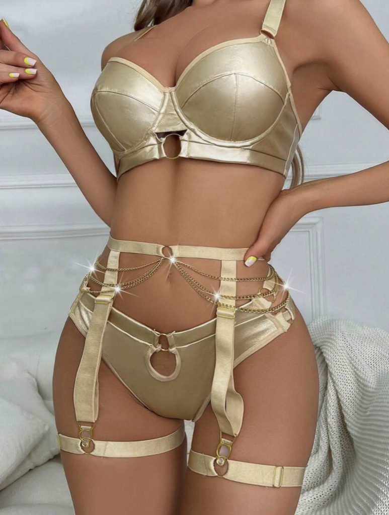 Metallic Underwire Garter Lingerie Set - Gold - Large